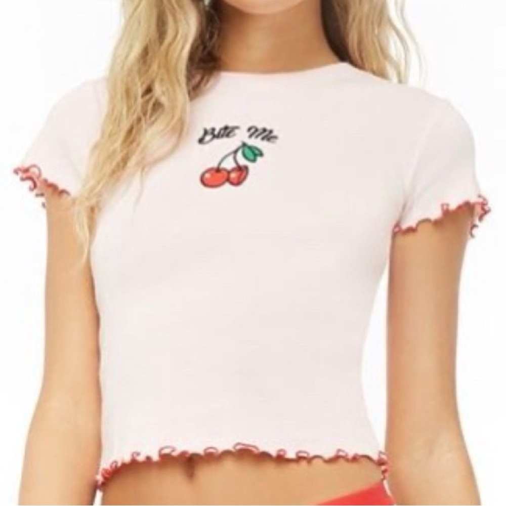 Forever 21 Bite Me Cherry Baby Tee Pink Crop Lettuce Hem Y2K M
